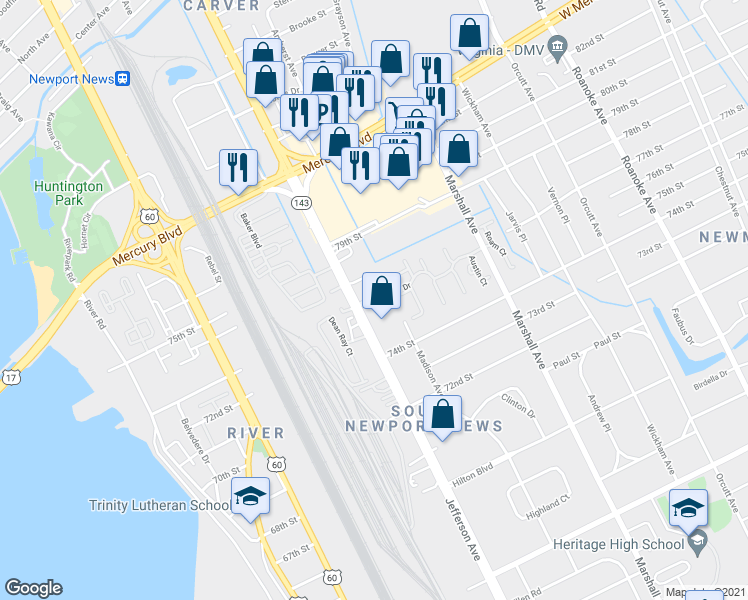 map of restaurants, bars, coffee shops, grocery stores, and more near 14 Riverlands Drive in Newport News