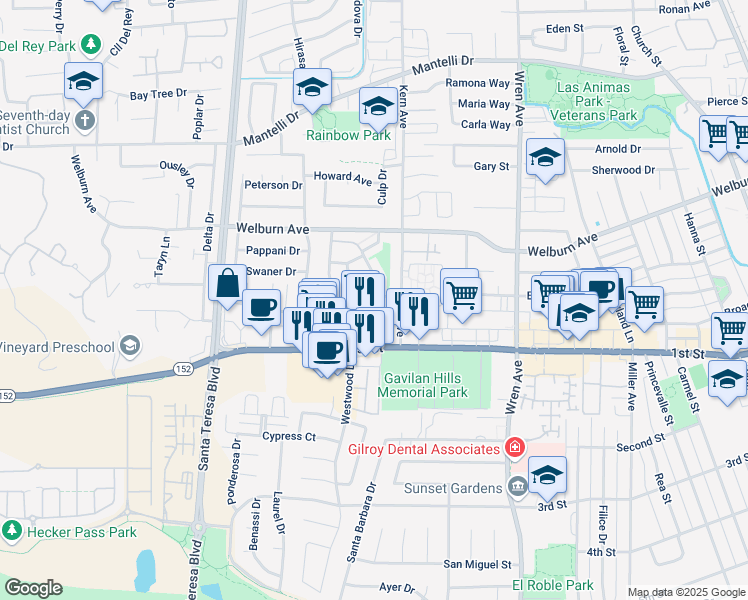 map of restaurants, bars, coffee shops, grocery stores, and more near 8105 Kern Avenue in Gilroy