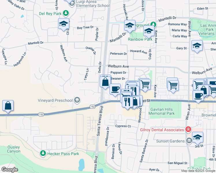 map of restaurants, bars, coffee shops, grocery stores, and more near 8266 Gaunt Avenue in Gilroy
