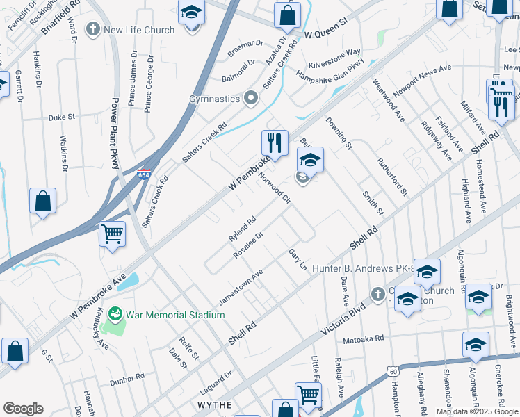 map of restaurants, bars, coffee shops, grocery stores, and more near 2827 Ryland Road in Hampton