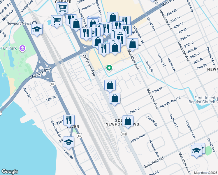 map of restaurants, bars, coffee shops, grocery stores, and more near 16 Riverlands Drive in Newport News