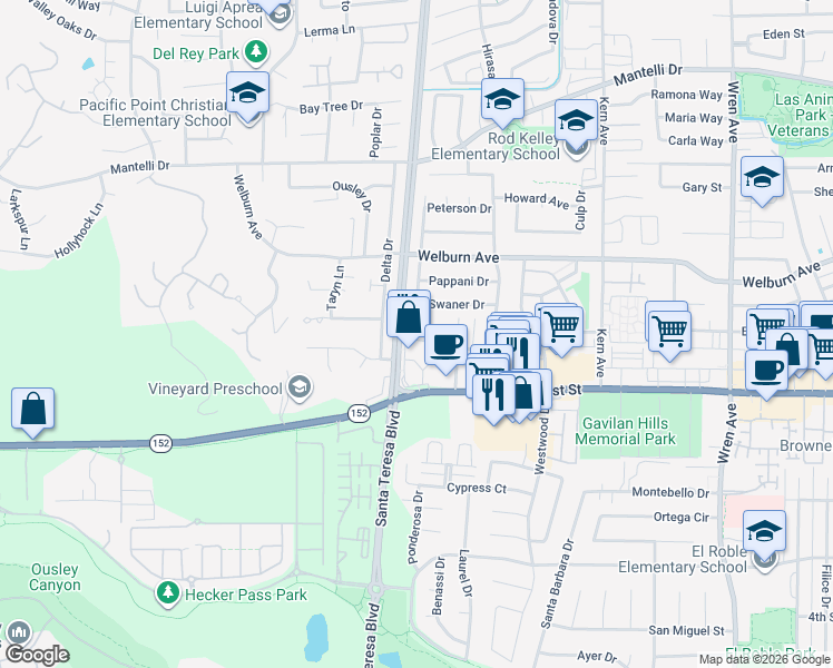 map of restaurants, bars, coffee shops, grocery stores, and more near 8266 Gaunt Avenue in Gilroy