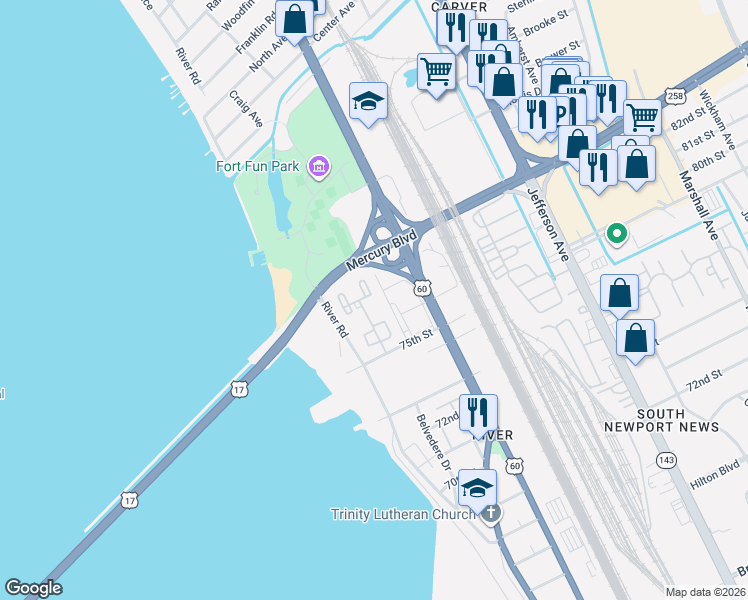 map of restaurants, bars, coffee shops, grocery stores, and more near 75 Towne Square Drive in Newport News