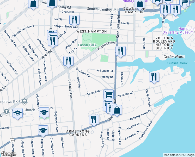 map of restaurants, bars, coffee shops, grocery stores, and more near 40 Henry Street in Hampton