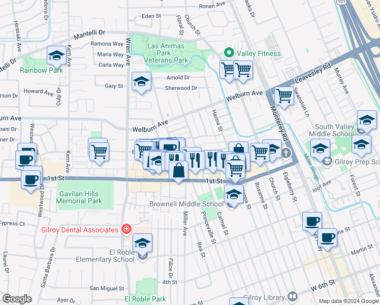 map of restaurants, bars, coffee shops, grocery stores, and more near 610 La Sierra Way in Gilroy