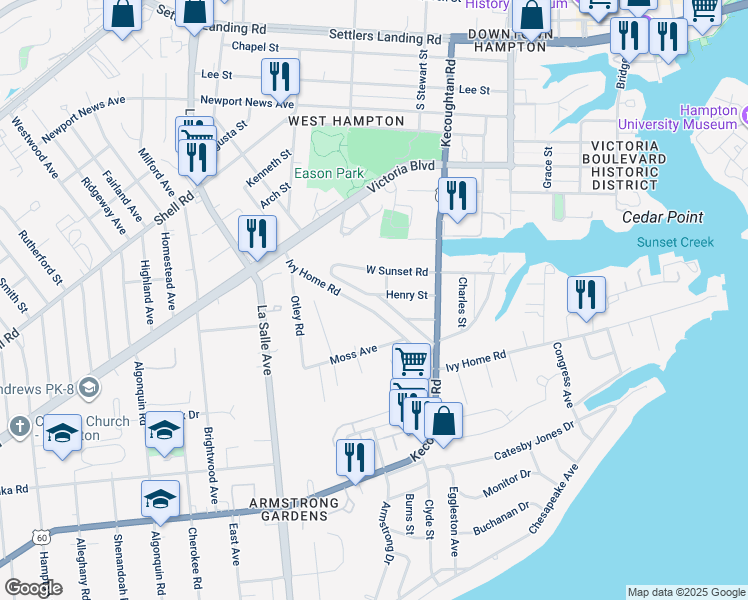 map of restaurants, bars, coffee shops, grocery stores, and more near 38 Henry Street in Hampton