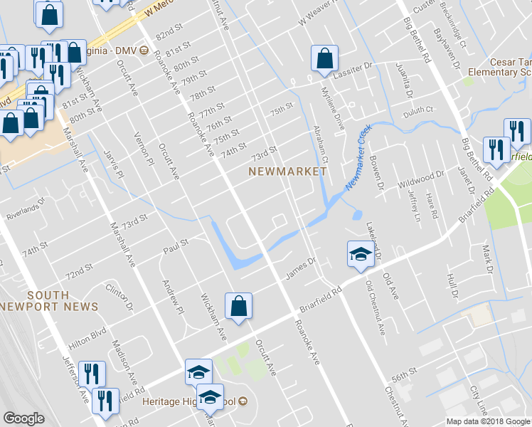 map of restaurants, bars, coffee shops, grocery stores, and more near 1128 Elizabeth Court in Newport News