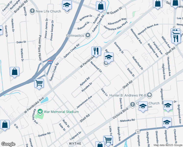 map of restaurants, bars, coffee shops, grocery stores, and more near 2829 Ryland Road in Hampton