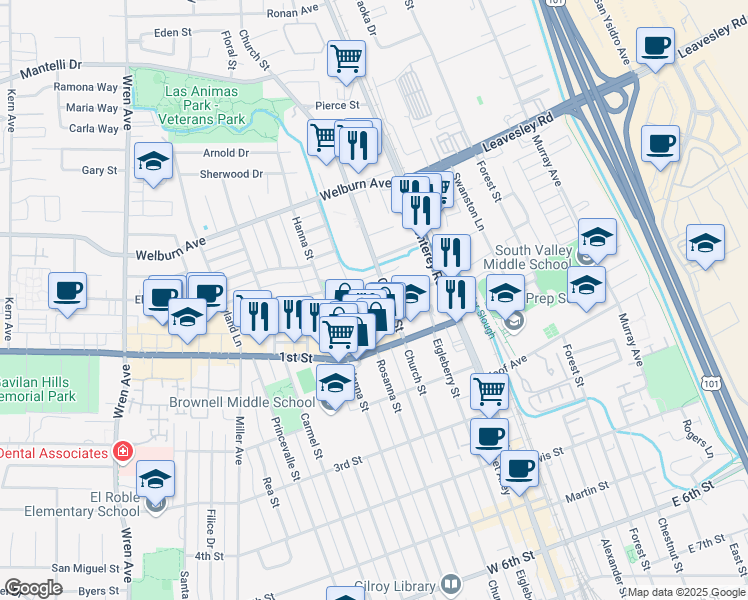 map of restaurants, bars, coffee shops, grocery stores, and more near 8001 Church Street in Gilroy