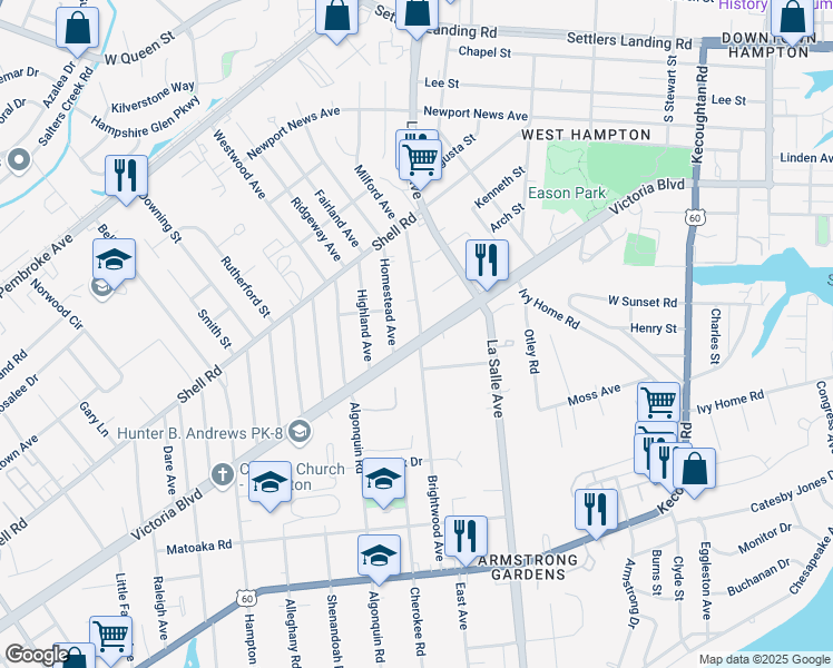 map of restaurants, bars, coffee shops, grocery stores, and more near 3513 Victoria Boulevard in Hampton
