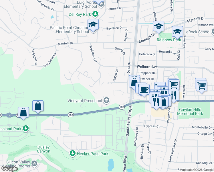 map of restaurants, bars, coffee shops, grocery stores, and more near 1610 Calabrese Way in Gilroy