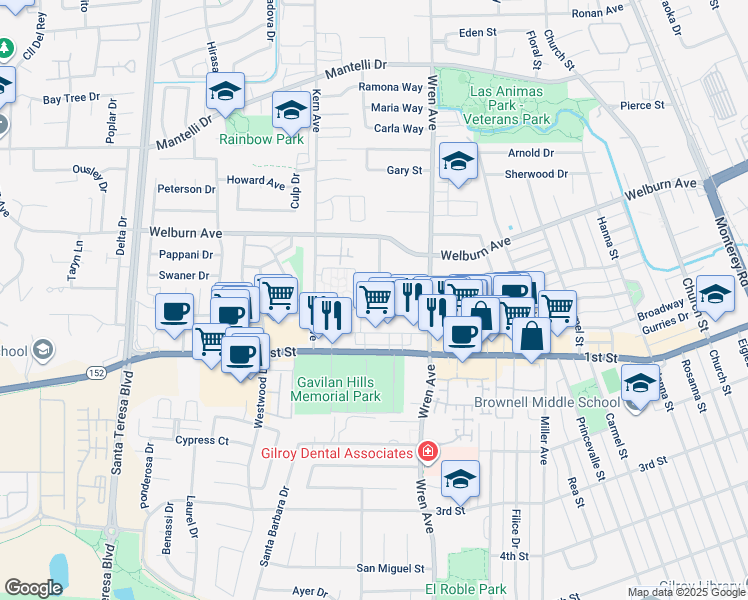 map of restaurants, bars, coffee shops, grocery stores, and more near 8195 Parish Way in Gilroy