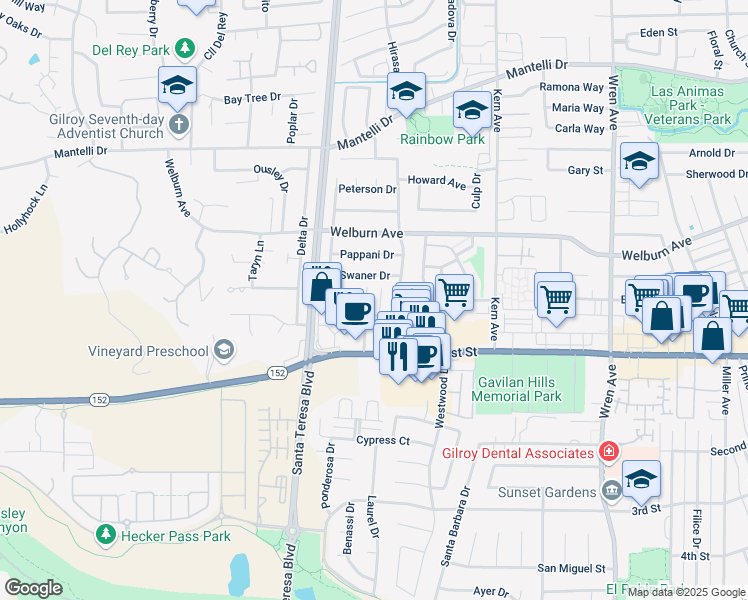 map of restaurants, bars, coffee shops, grocery stores, and more near 8117 Kelton Drive in Gilroy