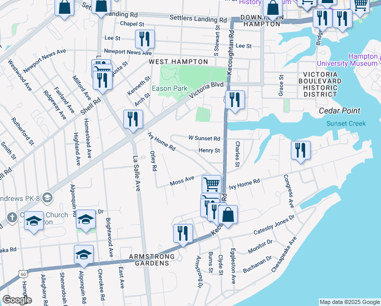 map of restaurants, bars, coffee shops, grocery stores, and more near 40 Henry Street in Hampton