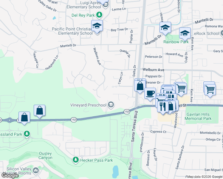 map of restaurants, bars, coffee shops, grocery stores, and more near 1610 Calabrese Way in Gilroy