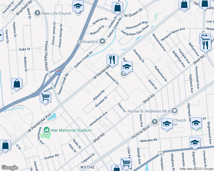 map of restaurants, bars, coffee shops, grocery stores, and more near 2829 Ryland Road in Hampton
