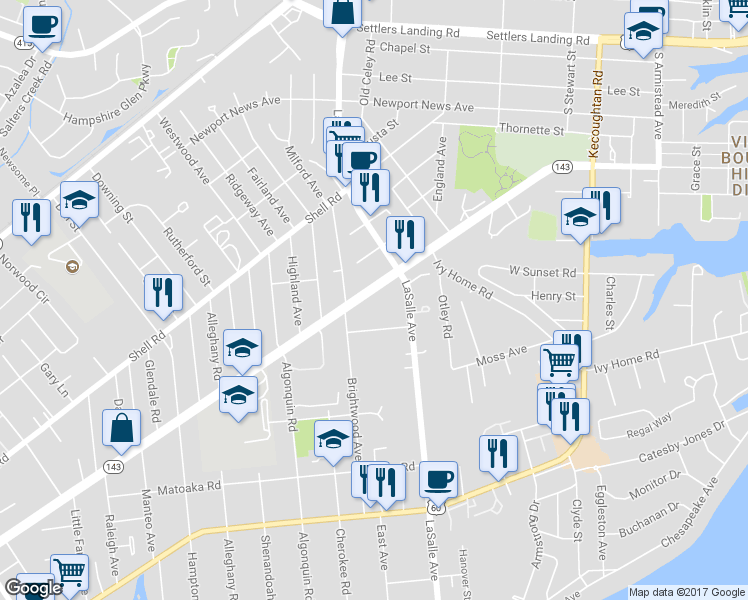 map of restaurants, bars, coffee shops, grocery stores, and more near 3608 Victoria Boulevard in Hampton