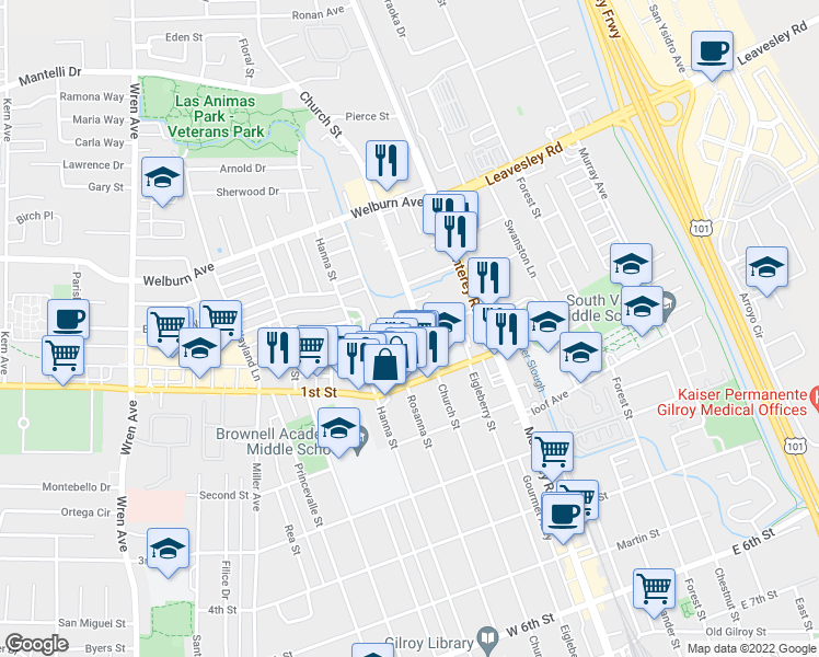 map of restaurants, bars, coffee shops, grocery stores, and more near 8001 Church Street in Gilroy