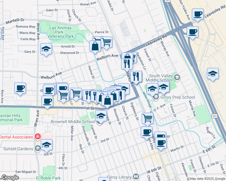 map of restaurants, bars, coffee shops, grocery stores, and more near 8001 Church Street in Gilroy