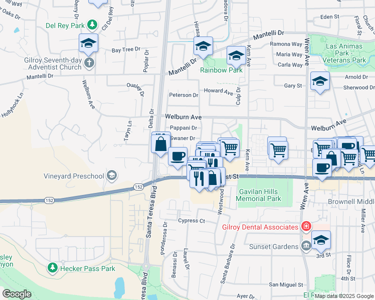 map of restaurants, bars, coffee shops, grocery stores, and more near 8101 Kelton Drive in Gilroy