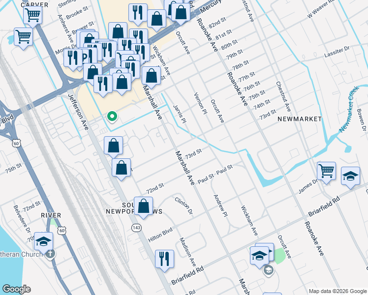map of restaurants, bars, coffee shops, grocery stores, and more near 706 74th Street in Newport News