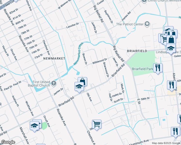 map of restaurants, bars, coffee shops, grocery stores, and more near 1515 Harper Lane in Hampton