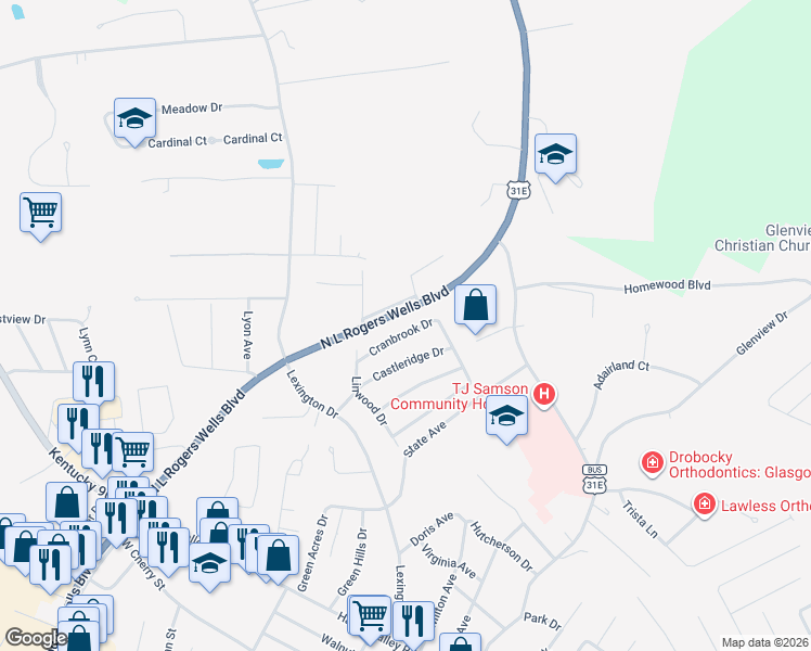 map of restaurants, bars, coffee shops, grocery stores, and more near 111 Cranbrook Drive in Glasgow