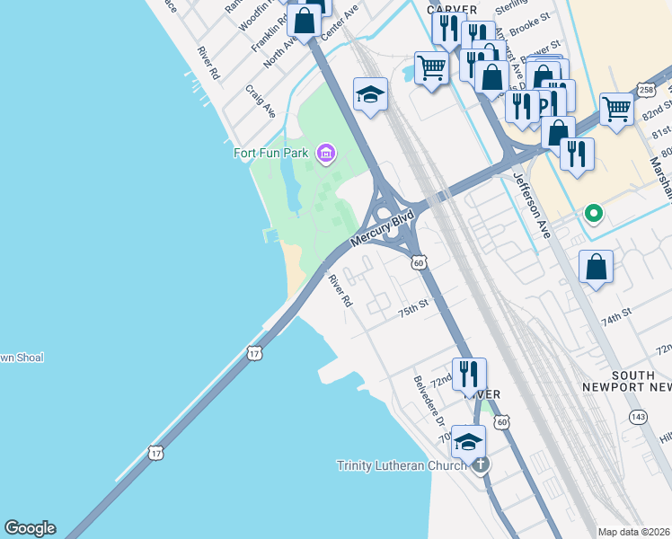 map of restaurants, bars, coffee shops, grocery stores, and more near 95 Towne Square Drive in Newport News