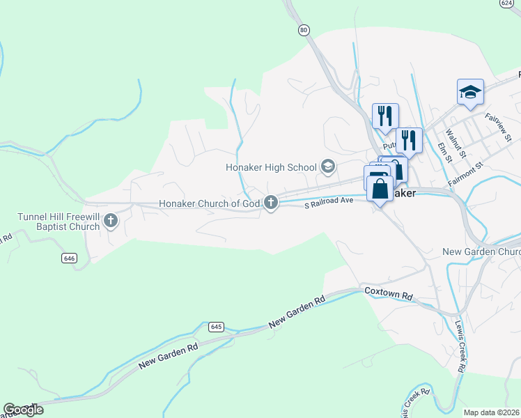 map of restaurants, bars, coffee shops, grocery stores, and more near 800 Hess Drive in Honaker