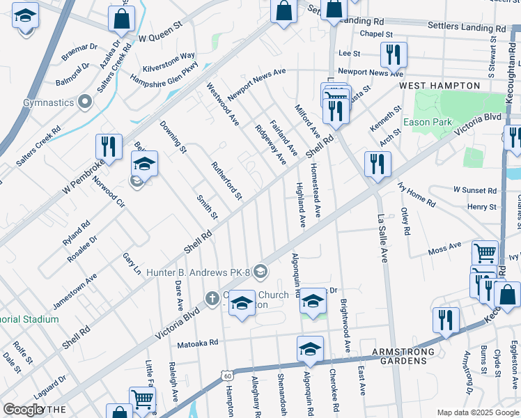 map of restaurants, bars, coffee shops, grocery stores, and more near 428 Shenandoah Road in Hampton
