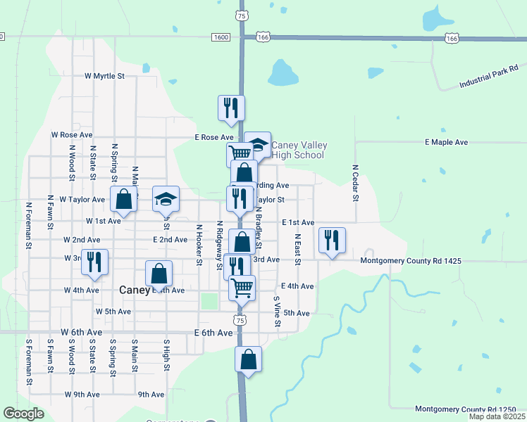 map of restaurants, bars, coffee shops, grocery stores, and more near 401-499 North Vine Street in Caney
