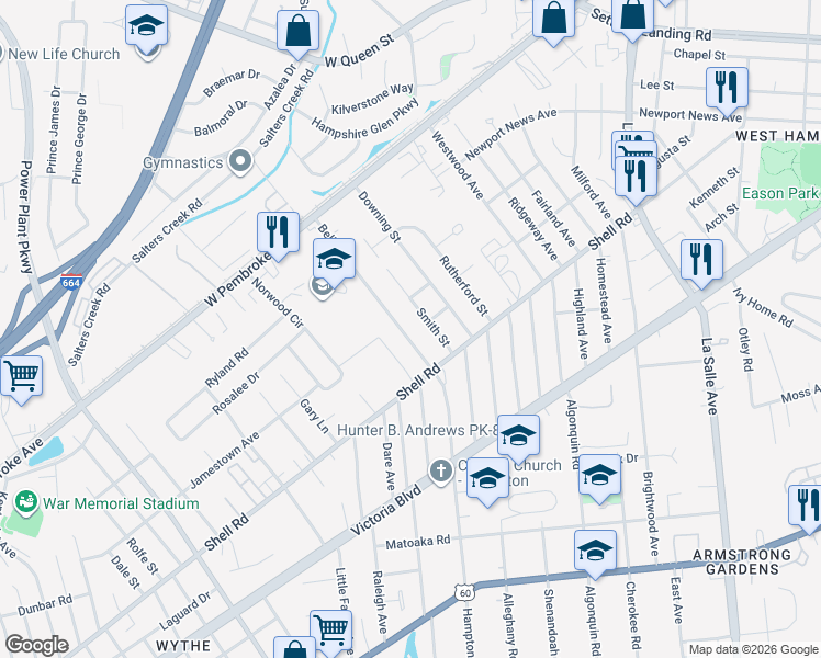 map of restaurants, bars, coffee shops, grocery stores, and more near 623 Bell Street in Hampton