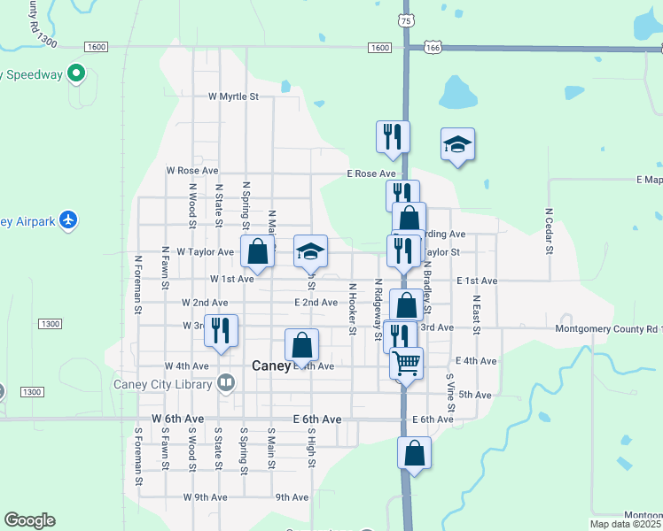 map of restaurants, bars, coffee shops, grocery stores, and more near 201 East 1st Avenue in Caney