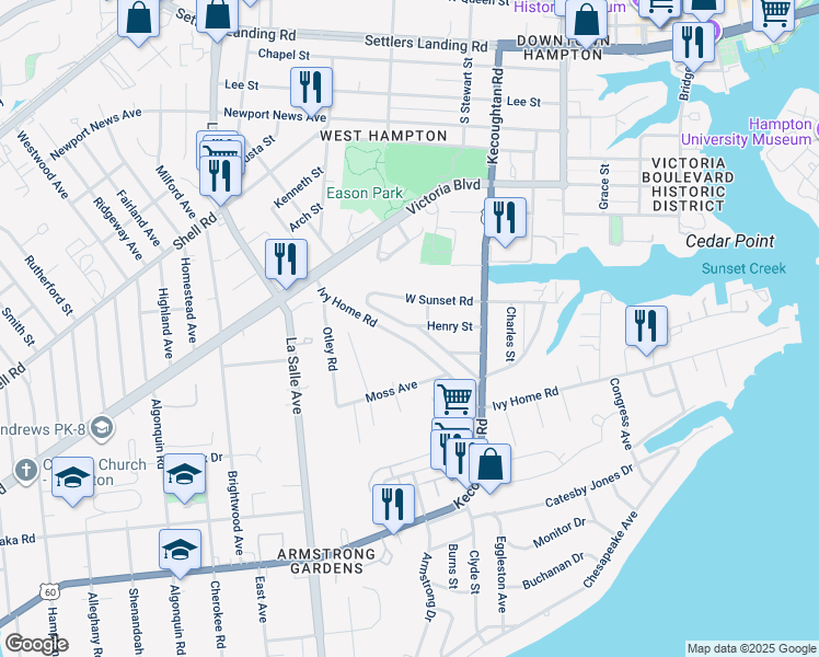 map of restaurants, bars, coffee shops, grocery stores, and more near 38 Henry Street in Hampton