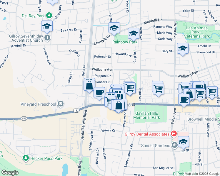 map of restaurants, bars, coffee shops, grocery stores, and more near 8225 Kelton Drive in Gilroy