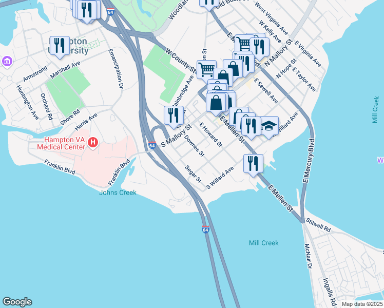 map of restaurants, bars, coffee shops, grocery stores, and more near 318 South Hope Street in Hampton