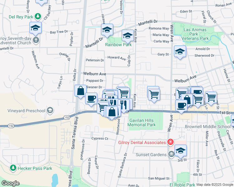 map of restaurants, bars, coffee shops, grocery stores, and more near 8190 Westwood Drive in Gilroy