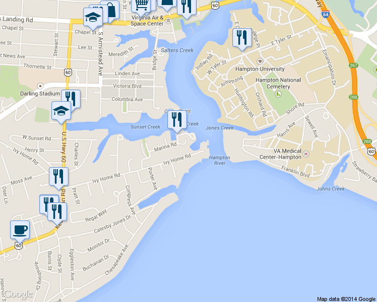 map of restaurants, bars, coffee shops, grocery stores, and more near 20 Ivy Home Road in Hampton
