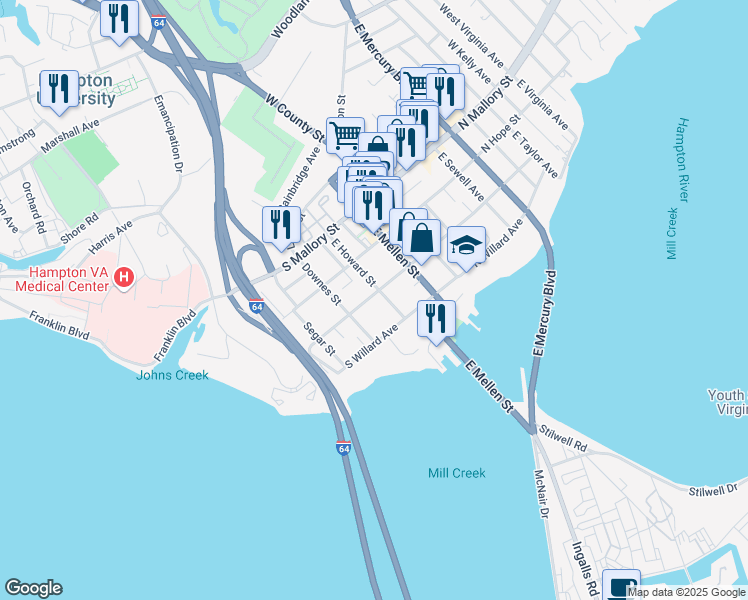 map of restaurants, bars, coffee shops, grocery stores, and more near 205 South Curry Street in Hampton