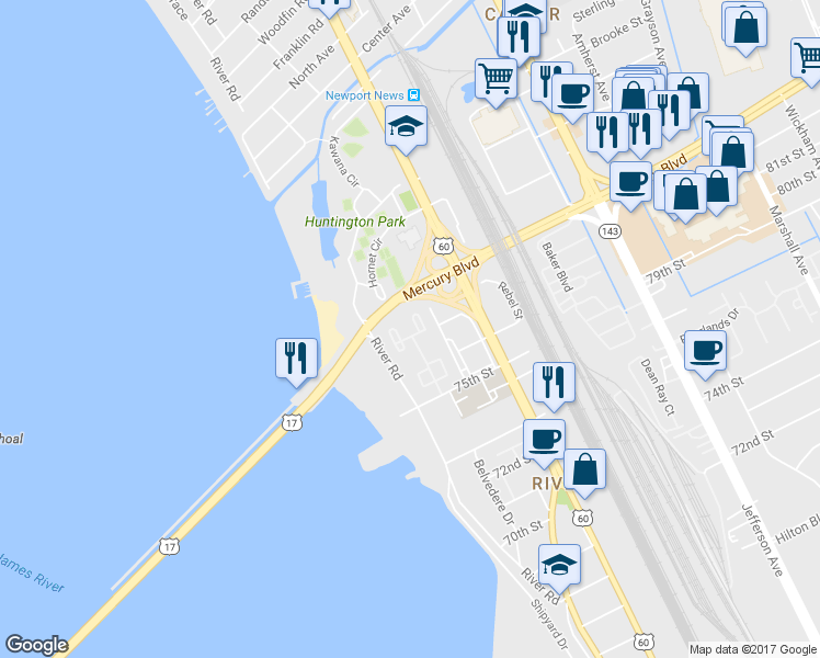map of restaurants, bars, coffee shops, grocery stores, and more near 75 Towne Square Drive in Newport News