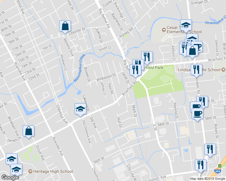 map of restaurants, bars, coffee shops, grocery stores, and more near 13 Briarwood Drive in Hampton