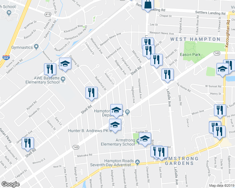 map of restaurants, bars, coffee shops, grocery stores, and more near 427 Seminole Road in Hampton