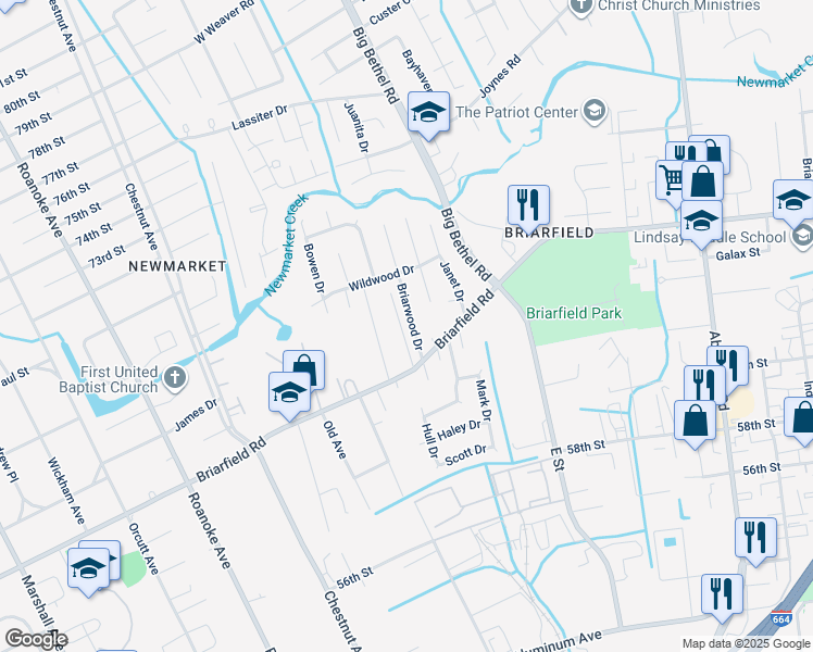 map of restaurants, bars, coffee shops, grocery stores, and more near 13 Briarwood Drive in Hampton