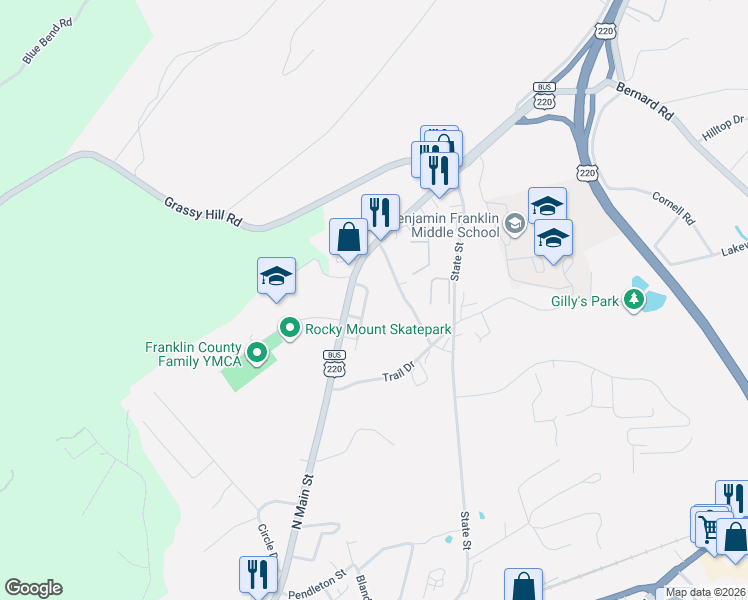 map of restaurants, bars, coffee shops, grocery stores, and more near 128-152 Harvey Street in Rocky Mount