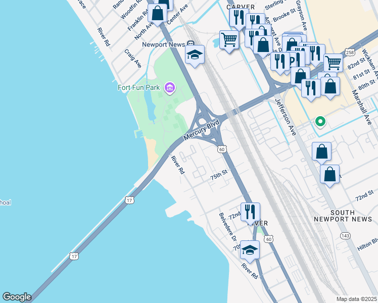 map of restaurants, bars, coffee shops, grocery stores, and more near 75 Towne Square Drive in Newport News