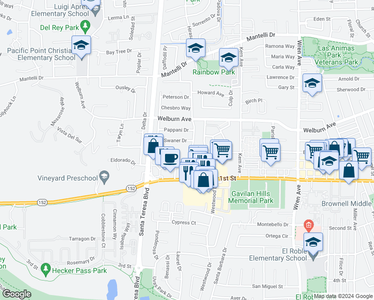 map of restaurants, bars, coffee shops, grocery stores, and more near 8225 Kelton Drive in Gilroy