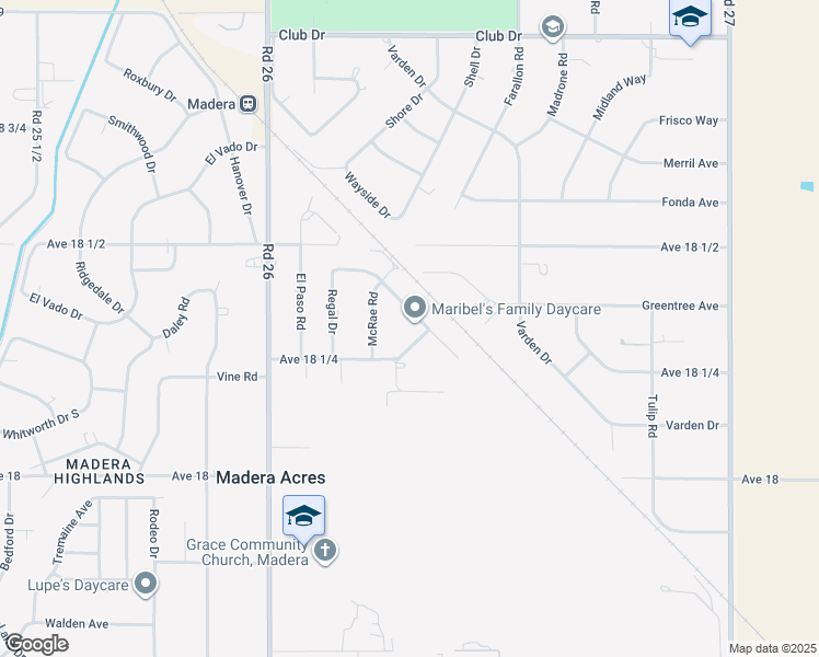 map of restaurants, bars, coffee shops, grocery stores, and more near 26324 Old Mill Drive in Madera