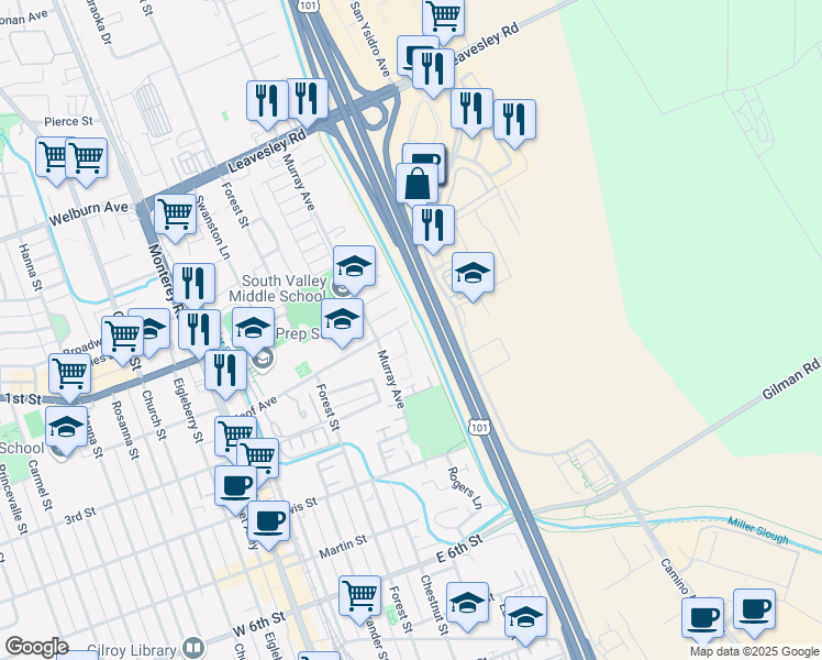map of restaurants, bars, coffee shops, grocery stores, and more near 16 Ioof Avenue in Gilroy