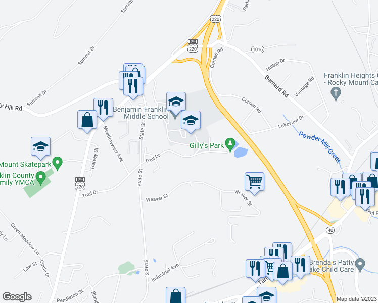 map of restaurants, bars, coffee shops, grocery stores, and more near 595 Trail Drive in Rocky Mount