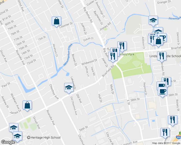 map of restaurants, bars, coffee shops, grocery stores, and more near 19 Hare Road in Hampton